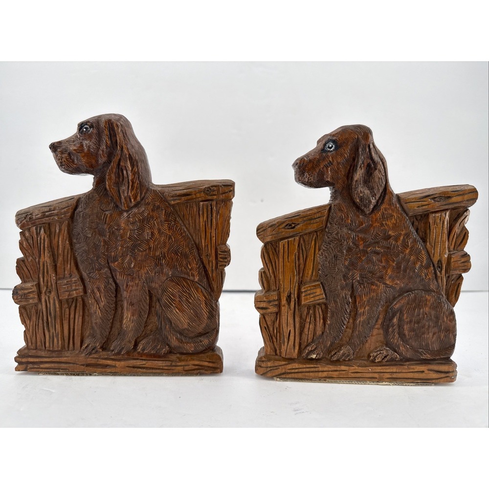 Vtg Signed Wood English Setter Dog Figural Bookends Vintage Pair 7" In‎ Height